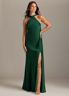 Azazie Kinsley Bridesmaid Dresses Dark Green Mermaid Side Slit Stretch Satin Dress image1