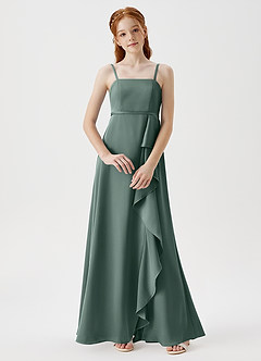 Azazie Kaylee Junior Robe Trapèze en Satin extensible avec ceinture Mousse De Mer image3
