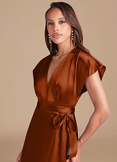 Azazie Nico Bridesmaid Dresses Auburn A-Line Pleated Metallic Satin Dress image2