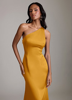 Azazie Voni Bridesmaid Dresses Butterscotch Mermaid One Shoulder Stretch Satin Dress image3