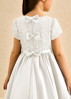Azazie Cashew Flower Girl Dresses Ivory Ball-Gown with Sleeves Matte Satin Dress image7