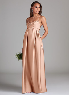 Azazie Llana Robes de demoiselle d'honneur de maternité Robe Trapèze avec poches Longueur ras du sol Satin extensible image3
