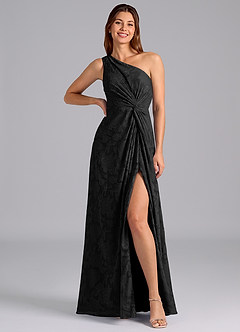 Azazie Brooke Bridesmaid Dresses Black A-Line One Shoulder Floral Burnout Dress image3