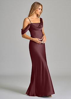 Azazie Celina Bridesmaid Dresses Sangria Sheath Off the Shoulder Stretch Satin Dress image6