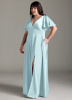 Azazie Kimber Bridesmaid Dresses Cloud Blue A-Line Ruched Stretch Satin Dress image10