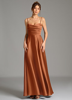 Azazie Ayla Vestidos de damas de honor Vestido de Cobre de Satén Elástico de Corte en A con Corsé image5