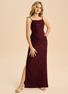 Azazie Mai Junior Etui Plissee Blumen-Burnout Kleid Cabernetrot image4