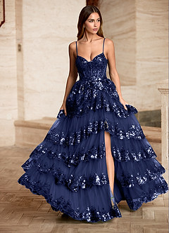 Tindra Dark Navy Sequins Ruffles Prom Dress image4