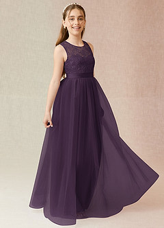 Azazie Georgette Junior Plum A-Line Lace Tulle Dress image4