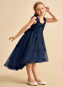 Azazie Tweety Robe Demoiselle D'honneur Fillette Robe Trapèze en Tulle Dentelle Bleu Marine Foncé image5