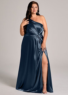 Azazie Brooke Bridesmaid Dresses Dark Navy A-Line One Shoulder Metallic Satin Dress image12