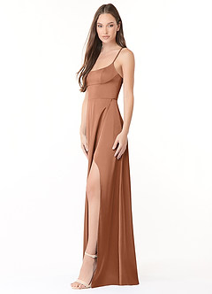 Azazie Halsey Bridesmaid Dresses Bronzer Sheath Side Slit Stretch Satin Dress image4
