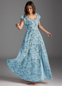 Azazie Bondi Bridesmaid Dresses Blue Fern Floral A-Line Ruffled Chiffon Dress image4