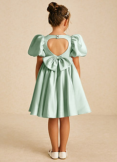 Azazie Muffin Flower Girl Dresses Agave A-Line with Sleeves Matte Satin Dress image1
