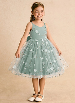 Azazie Junebug Blumenmädchenkleider Ballkleid Spaghetti Riemen Tüll Kleid Silberner Salbei image5