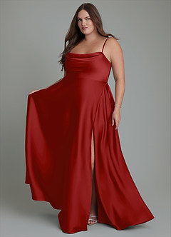 Azazie Elle Bridesmaid Dresses Pomegranate A-Line Pleated Stretch Satin Dress image8