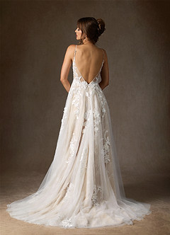 Azazie Monda Vestidos de novia Vestido de Blanco Diamante Champán de Tul de Corte en A con Encaje image5