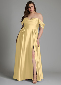 Azazie Loisa Robes de demoiselle d'honneur Robe Trapèze en Satin extensible Épaules dénudées Beurre image8