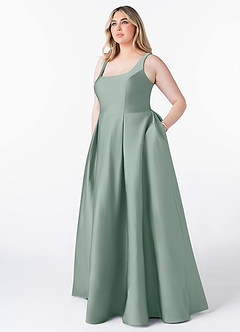 Azazie Neve Bridesmaid Dresses Silver Sage Ball-Gown with Pockets Stretch Satin Dress image7