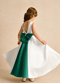 Azazie Cherry Flower Girl Dresses Ivory Emerald Ball-Gown Pleated Matte Satin Dress image4