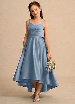 Azazie Sweets Girl Jurken voor bloemenmeisjes A-Lijn Jurk van Mat Satijn Geplooid Stoffig Blauw image3