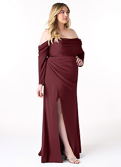 Azazie Hallie Vestidos de damas de honor Vestido de Cabernet de Satén Elástico de Corte Recto Convertible con Manga larga con hombros descubiertos image11