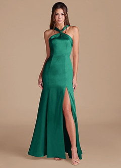 Azazie Rue Bridesmaid Dresses Emerald Sheath Pleated Metallic Satin Dress image1