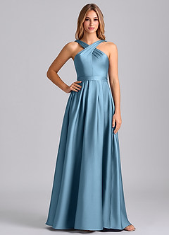 Azazie Dixie Bridesmaid Dresses Steel Blue A-Line Pleated Stretch Satin Dress image3