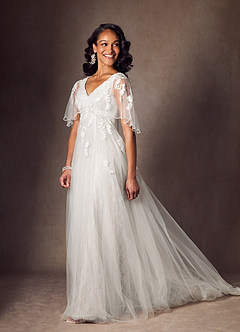 Azazie Renesmee Vestidos de novia Vestido de Diamante Blanco de Tul de Corte en A con Lentejuela image1