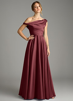 Azazie Xanthe Bridesmaid Dresses Merlot A-Line Off the Shoulder Stretch Satin Dress image1