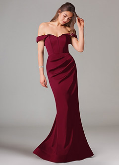 Azazie Everly Bridesmaid Dresses Burgundy Mermaid Off the Shoulder Stretch Satin Convertible Dress image6