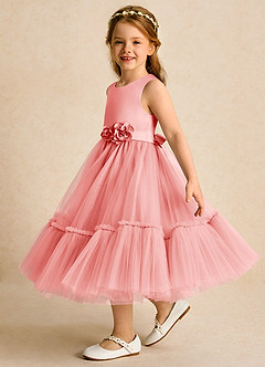 Azazie Miracle Blumenmädchenkleider A-Linie Schleifen Matte Satin Kleid Koralle image3