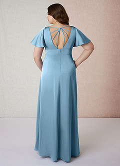 Azazie Lani Bridesmaid Dresses Steel Blue A-Line Flounce Sleeve Stretch Satin Dress image8