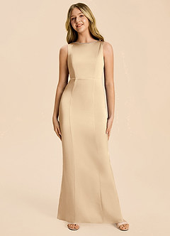 Azazie Emi Junior Champagne Sheath Bow Stretch Satin Dress image6