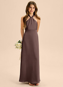 Azazie Beah Junior Ganache A-Line Pleated Stretch Satin Dress image4