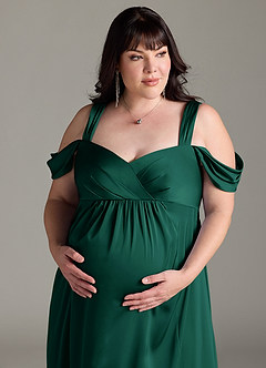 Azazie Rhea Maternity Bridesmaid Dresses A-Line Off-The-Shouler Pleated Stretch Satin Floor-Length Dress image12