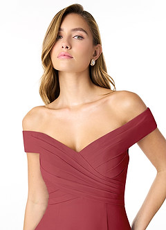 Azazie Lecia Jurken voor bruidsmeisjes Converteerbaar Jurk van Chiffon met rijk Off-the-shoulder geplooid Granaatappel image6