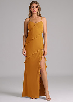 Azazie Nancie Brautjungfernkleider Meerjungfrau-Linie Gestreift Chiffon Kleid Butterscotch image1