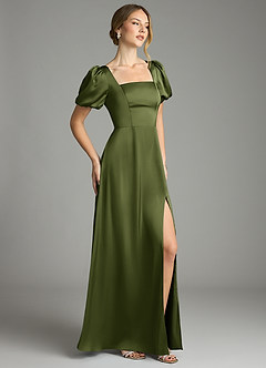 Azazie Fyona Bridesmaid Dresses Olive A-Line Pleated Stretch Satin Dress image5