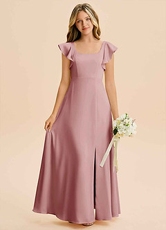 Azazie Bondi Junior A라인 사이드 슬릿 스트레치 새틴 플로어 길이 주니어 신부 들러리 드레스 image1