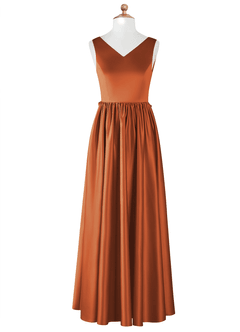 Azazie Hathaway Junior Vestido de Canela de Satén Elástico de Corte En A con Lazo image6