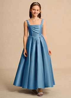 Azazie Mochi Girl vestidos de niña de las flores Vestido de Azul Acero de Satin Mate de Princesa con Plisado image1