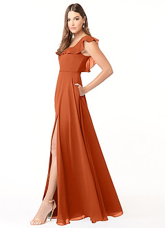 Azazie Jinny Robes de demoiselle d'honneur Robe Trapèze en Mousseline de soie Encolure carrée froncée Orange Brûlée image3