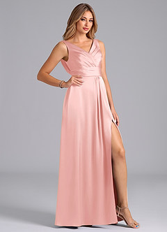 Azazie Karina Bridesmaid Dresses Powder Pink A-Line Pleated Stretch Satin Dress image5