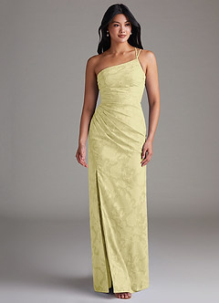 Azazie Eren Bridesmaid Dresses Lemon Sorbet Sheath One Shoulder Floral Burnout Dress image4