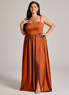 Azazie Calianna Robes de demoiselle d'honneur Robe Trapèze Convertible en Satin extensible Épaule décolletée Orange Brûlée image9