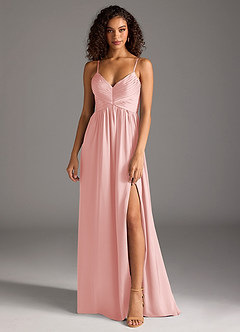 Azazie Alia Bridesmaid Dresses Powder Pink A-Line Pleated Stretch Satin Dress image1
