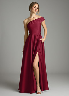 Azazie Melanie Bridesmaid Dresses Burgundy A-Line Off the Shoulder Stretch Satin Dress image1