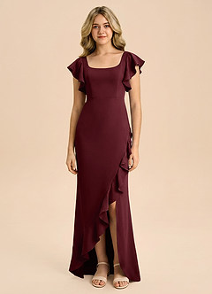 Azazie Demi Junior Cabernet Mermaid Bow Stretch Satin Dress image5