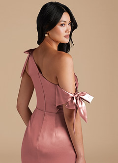 Azazie Xyla Bridesmaid Dresses Dusty Rose Sheath Off the Shoulder Metallic Satin Convertible Dress image3